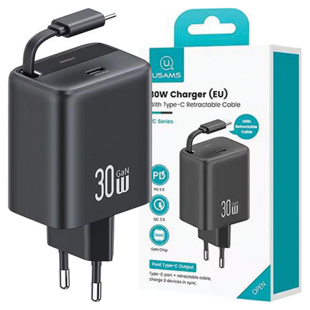 USAMS ŁADOWARKA 1xUSB-C ZE ZWIJANYM KABLEM DO TELEFONÓW APPLE 30W PD QC3.0
