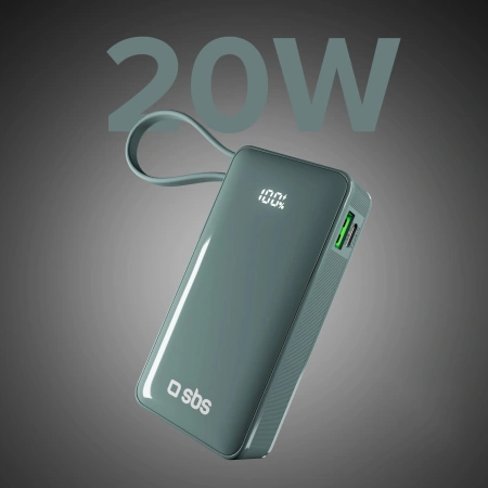Powerbank SBS 10000 mAh 20W z wbudowanym kablem USB-C i wyświetlaczem cyfrowym - szary
