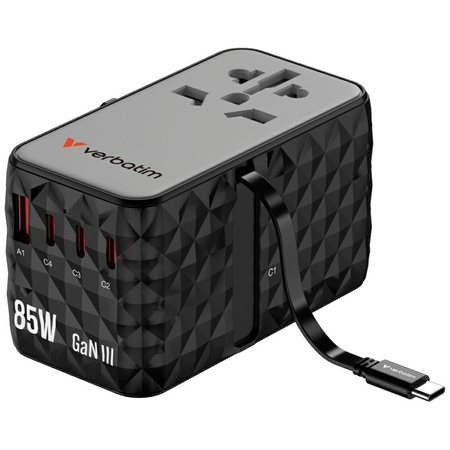 Verbatim Adapter podróżny EU/UK/US GaN   USB-A/3xUSB-C PD 85W CNT-02 czarny/black 32127