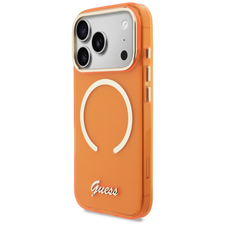 Etui Guess IML Script Metal MagSafe do   iPhone 17 Pro pomarańczowy