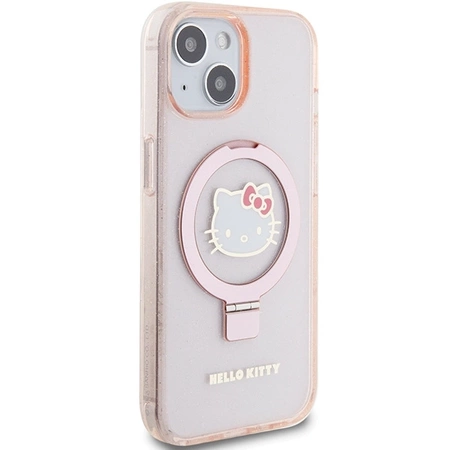 Etui Hello Kitty Ring Stand Glitter Electrop Logo MagSafe na iPhone 15 / 14 / 13 - różowe