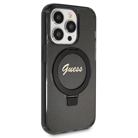 Etui Guess Ring Stand Script Glitter MagSafe na iPhone 13 Pro Max - czarne