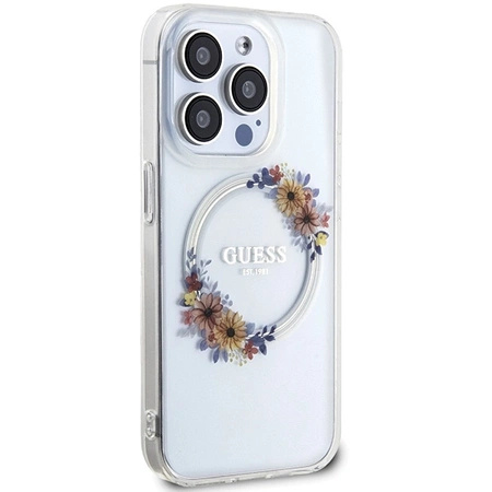 Etui Guess IML Flowers Wreatch MagSafe na iPhone 15 Pro Max - przezroczyste