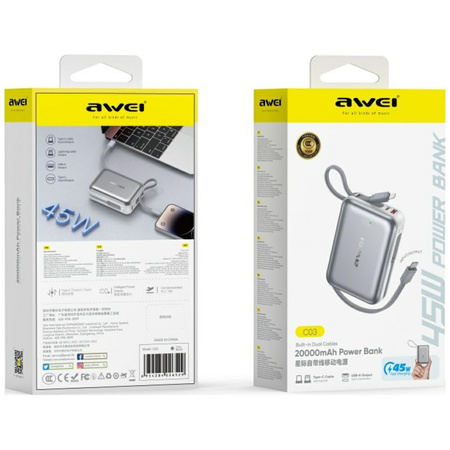 Powerbank Awei C03 20000mAh 45W USB-A/USB-C + kable Lightning/USB-C srebrny