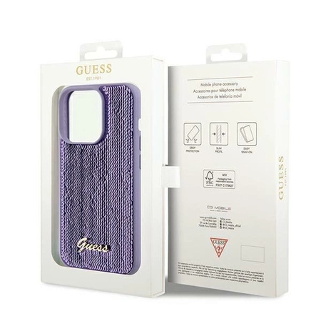 Etui Guess Sequin Script Metal na iPhone 14 Pro - fioletowe