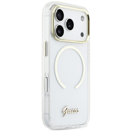 Etui Guess IML Script Metal MagSafe do   iPhone 17 Pro Max przezroczysty