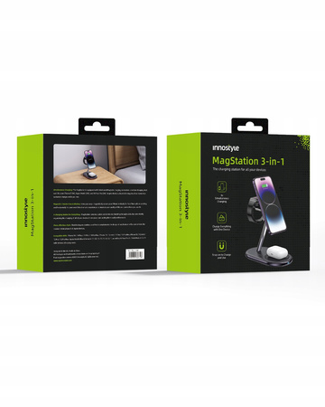 INNOSTYLE MAGSTATION ŁADOWARKA INDUKCYJNA 3W1 DO MAGSAFE IPHONE AIRPODS WATCH STACJA ŁADOWANIA CZARNA