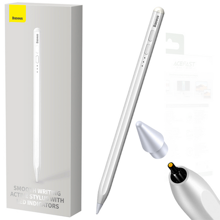 Baseus Smooth Writing Active Stylus rysik ze wskaźnikiem LED do iPad biały + kabel zasilający USB-C 3A 0.3m i wymienna końcówka Active (SXBC000202)