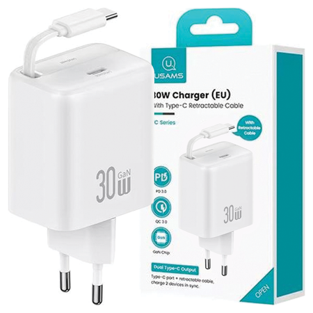 USAMS ŁADOWARKA SIECIOWA ZWIJANY KABEL USB-C DO TELEFONÓW IPHONE 30W PD QC
