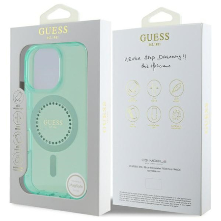 GUESS ETUI HARDCASE DO IPHONE 16 PRO 6.3 DO MAGSAFE IML RHINESTONES ZIELONE