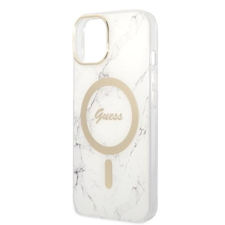 Guess zestaw ładowarka MagSafe + etui do iPhone 14 Plus 6,7" białe Marble (GUBPP14MHMEACSH)