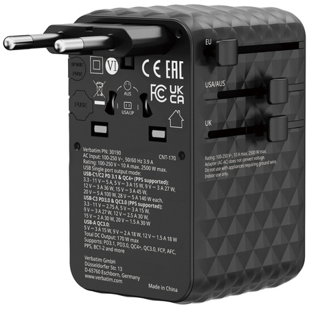 Verbatim Adapter podróżny EU/UK/US GaN   2xUSB-A/3xUSB-C PD 170W czarny 30190