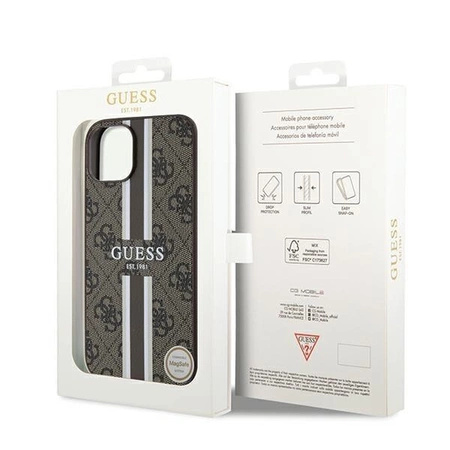 Etui Guess 4G Printed Stripes MagSafe na iPhone 15 / 14 / 13 - brązowe