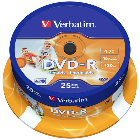 VERBATIM PŁYTA DVD-R 4.7GB 16X DO NAGRYWARKI DVD 25SZT WIDE INKJET
