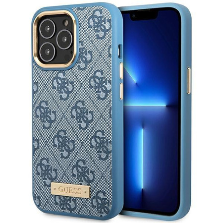 Etui Guess GUHMP14LU4GPRB na iPhone 14 Pro - niebieskie 4G Logo Plate MagSafe