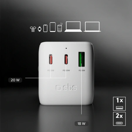 Adapter podróżny SBS 2xUSB-C 1xUSB-A uniwersalny - biały