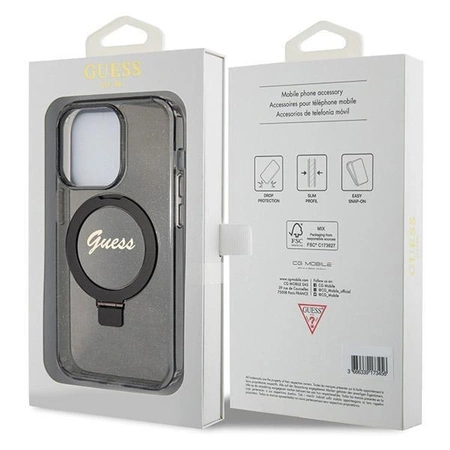 Etui Guess Ring Stand Script Glitter MagSafe na iPhone 14 Pro - czarne