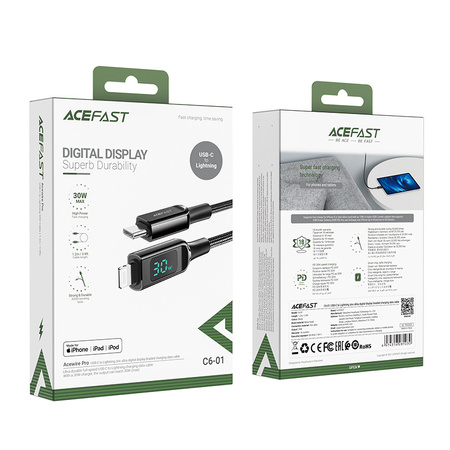 Acefast kabel MFI USB Typ C - Lightning 1,2m, 30W, 3A czarny (C6-01 Black)