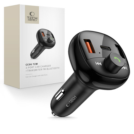 TECH-PROTECT CAR CHARGER 3-PORTOWY PD72W DO IPHONE 12 13 14 15 Z FUNKCJĄ FM