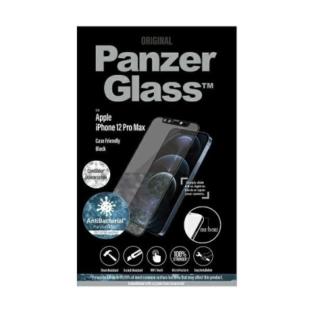 Szkło PanzerGlass E2E Microfracture antybakteryjne z osłoną aparatu z kryształem Swarovsky na iPhone 12 Pro Max - z czarną ramką
