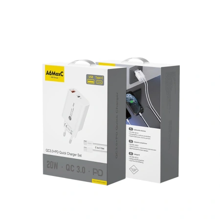 Ładowarka sieciowa A6MaxC 20W USB-A USB-C z kablem USB-C - USB-C 1m - biała