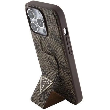Etui Guess Grip Stand 4G Triangle Strass na iPhone 15 Pro - brązowe