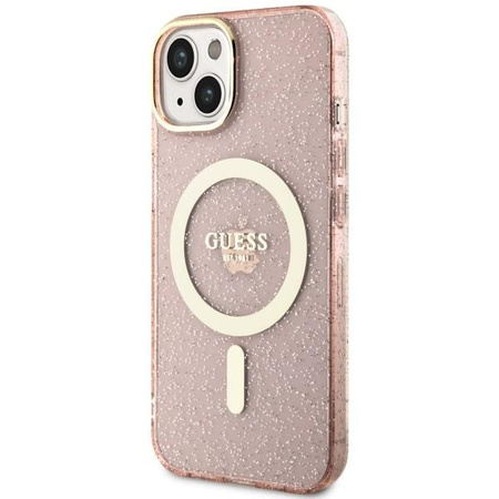 Etui Guess GUHMP14MHCMCGP na iPhone 14 Plus 6.7" - różowe Glitter Gold MagSafe