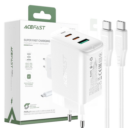 Acefast 2w1 ładowarka sieciowa 2x USB Typ C / USB 65W, PD, QC 3.0, AFC, FCP (zestaw z kablem) biały (A13 white)