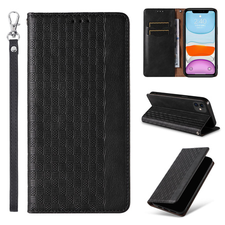 Magnet Strap Case etui do Samsung Galaxy A12 5G pokrowiec portfel + mini smycz zawieszka czarny