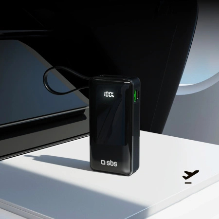 Powerbank SBS 10000 mAh 20W z wbudowanym kablem USB-C i wyświetlaczem cyfrowym - czarny