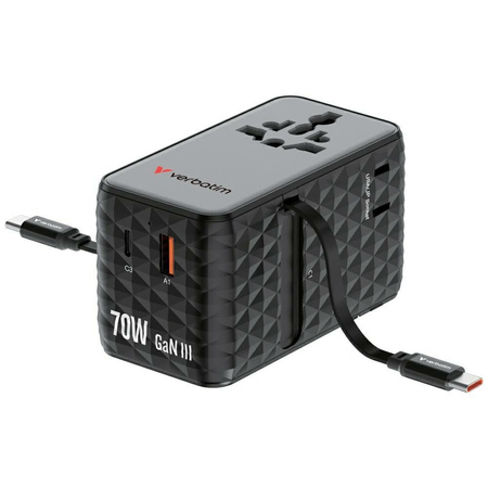 Verbatim Adapter podróżny EU/UK/US GaN   1xUSB-C/1xUSB-A/2xUSB-C PD 70W czarny 30186