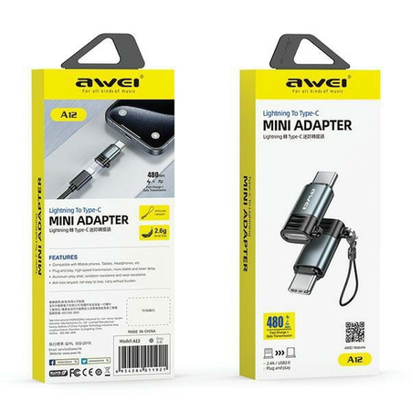 AWEI ADAPTER DO LIGHTNING DO USB-C DO IPHONE 12 13 14 2W1 Z FUNKCJĄ