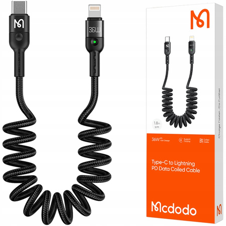 Mcdodo Kabel do iPhone, USB-C, sprężynowy,  szybki, 36W, 1.8M