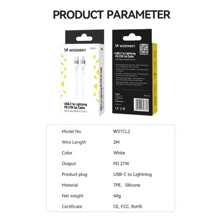 WOZINSKY KABEL DO LIGHTNING USB-C PD 27W DO IPHONE 12 13 14 1M BIAŁY