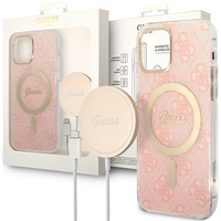 Zestaw Guess GUBPP13LH4EACSP Case+ Charger iPhone 13 Pro różowy/pink hard case 4G Print MagSafe