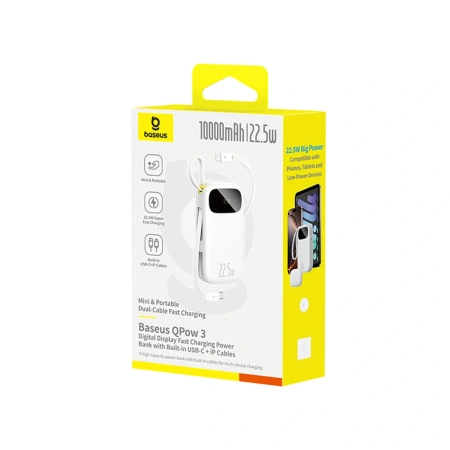 Powerbank Baseus EnerFill FC31 10000mAh 22.5W z wyświetlaczem cyfrowym z 2 wbudowanymi kablami - biały