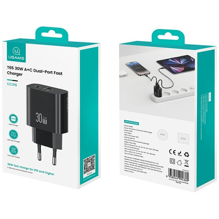 USAMS ŁADOWARKA SIECIOWA CC316 T65 30W DO TELEFONÓW USB-C USB-A FAST