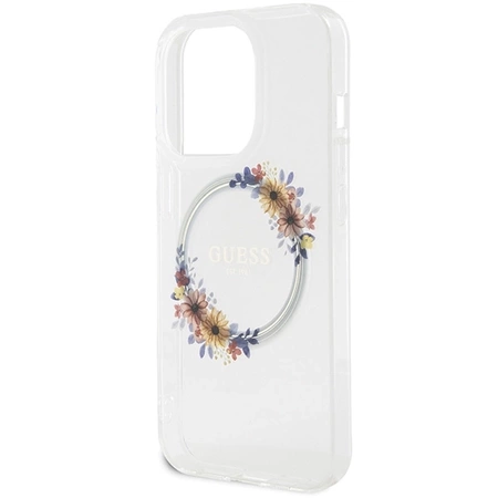 Etui Guess IML Flowers Wreatch MagSafe na iPhone 15 Pro - przezroczyste