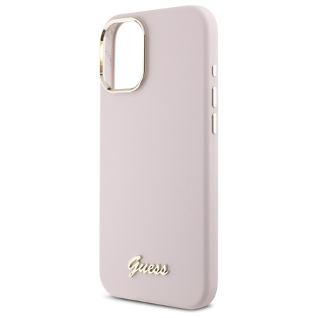 GUESS ETUI HARDCASE DO IPHONE 16 6.1 SILIKONOWE SCRIPT METAL LOGO RAMKA