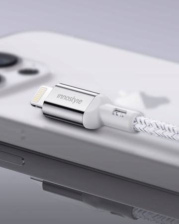INNOSTYLE POWERFLEX KABEL USB LIGHTNING MFI SZYBKIEGO ŁADOWANIA DO IPHONE KEVLAR 2M SREBRNY
