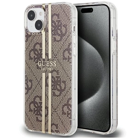 Etui Guess IML 4G Gold Stripe na iPhone 15 Plus / 14 Plus - brązowe