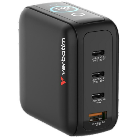 Ładowarka sieciowa Verbatim Mini GaN     140W 3xUSB-C PD/1x USB-A QC adapter UE/UK/USA czarny 30240