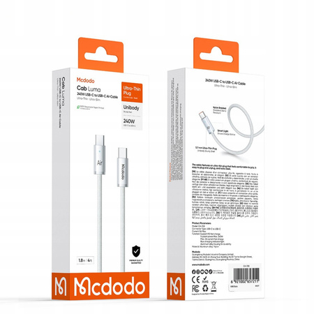 MCDODO KABEL USB-C USB-C SZYBKIE ŁADOWANIE USB TYP C 240W 1M LED BIAŁY