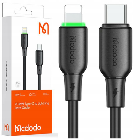 MCDODO ŁADOWARKA KABEL USB-C LIGHTNING SZYBKIEGO ŁADOWANIA DO IPHONE 1M LED CZARNY