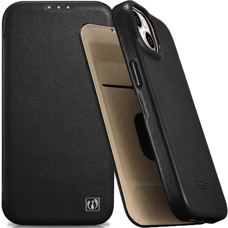 iCarer CE Oil Wax Premium Leather Folio Case skórzane etui iPhone 14 z klapką magnetyczne MagSafe czarny (AKI14220705-BK)