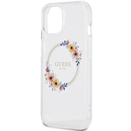 Etui Guess IML Flowers Wreatch MagSafe na iPhone 15 / 14 / 13 - przezroczyste