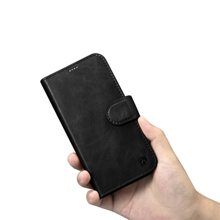 iCarer Oil Wax Wallet Case 2in1 etui iPhone 14 Pro skórzany pokrowiec z klapką Anti-RFID czarny (WMI14220722-BK)