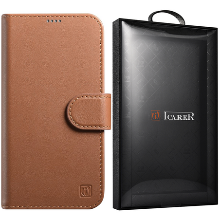 iCarer Wallet Case 2in1 etui iPhone 14 Pro skórzany pokrowiec z klapką Anti-RFID brązowy (WMI14220726-BN)