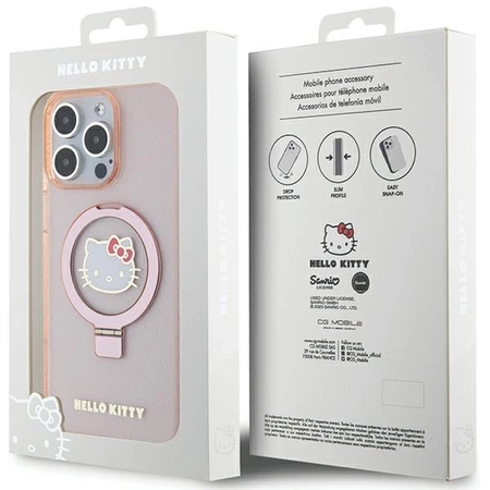 Etui Hello Kitty Ring Stand Glitter Electrop Logo MagSafe na iPhone 15 Pro Max - różowe