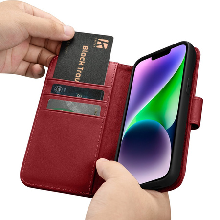 iCarer Wallet Case 2in1 etui iPhone 14 skórzany pokrowiec z klapką Anti-RFID czerwony (WMI14220725-RD)